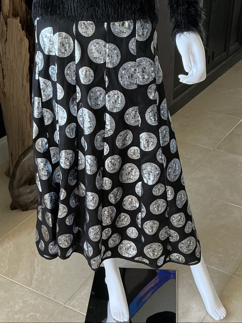 Black Midi Skirt with Silver Sequin Polka Dots